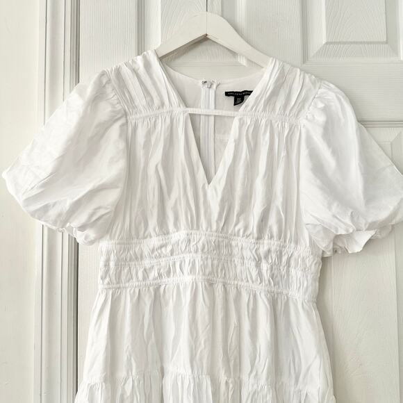 Saks Fifth Avenue White Tiered Gathered Cotton Midi Puff Sleeve Dress Medium - Picture 3 of 13